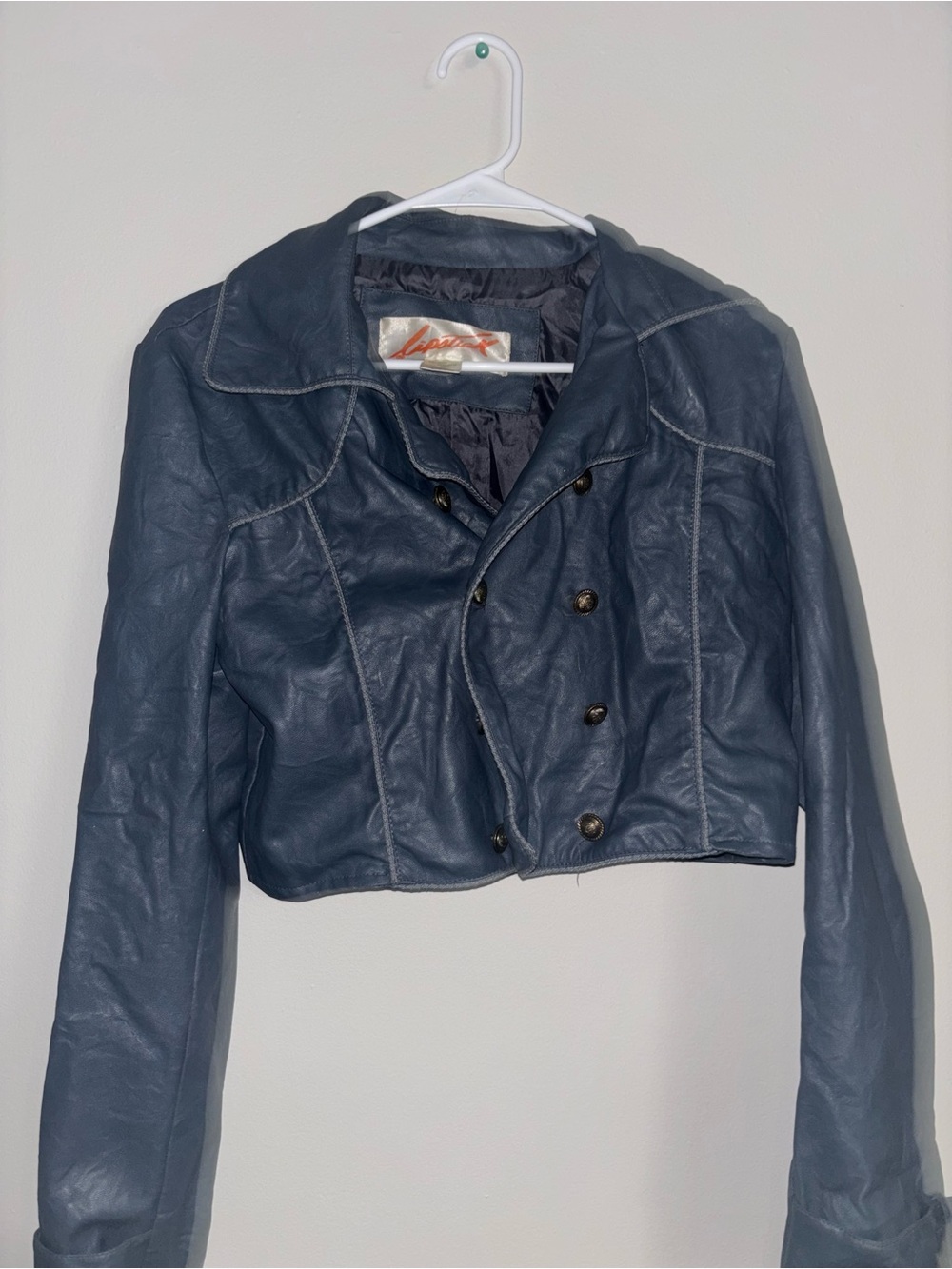 Womens Cropped Double-Breasted Faux Leather Jacket - Slate Blue